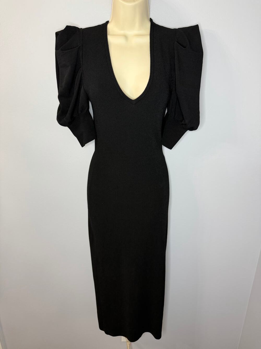 Autumn Cashmere V-neck Puff Sleeve Jersey Knit Bodycon Dress Black Stretch Sz M